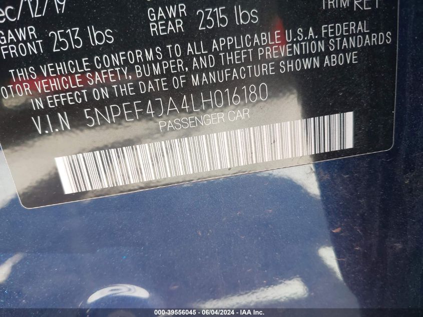 2020 Hyundai Sonata Sel VIN: 5NPEF4JA4LH016180 Lot: 39556045