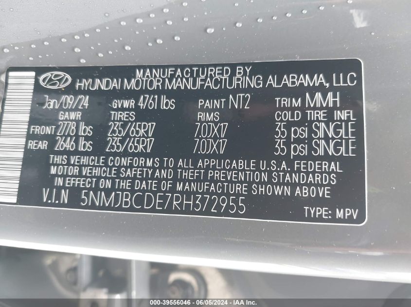 2024 Hyundai Tucson Sel VIN: 5NMJBCDE7RH372955 Lot: 39556046