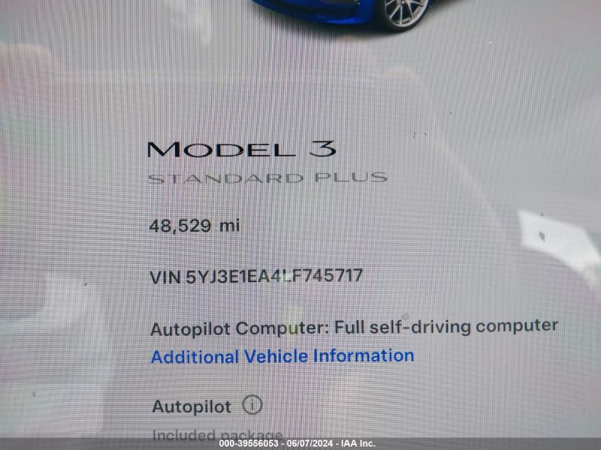 2020 Tesla Model 3 Standard Range Plus Rear-Wheel Drive/Standard Range Rear-Wheel Drive VIN: 5YJ3E1EA4LF745717 Lot: 39556053