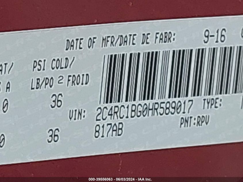 2017 Chrysler Pacifica Touring-L VIN: 2C4RC1BG0HR589017 Lot: 39556063