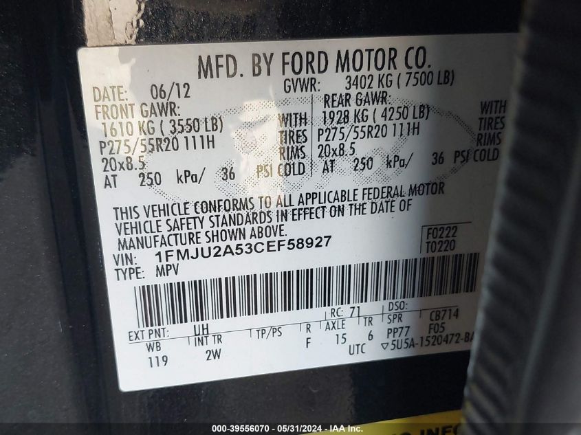 2012 Ford Expedition Limited VIN: 1FMJU2A53CEF58927 Lot: 39556070