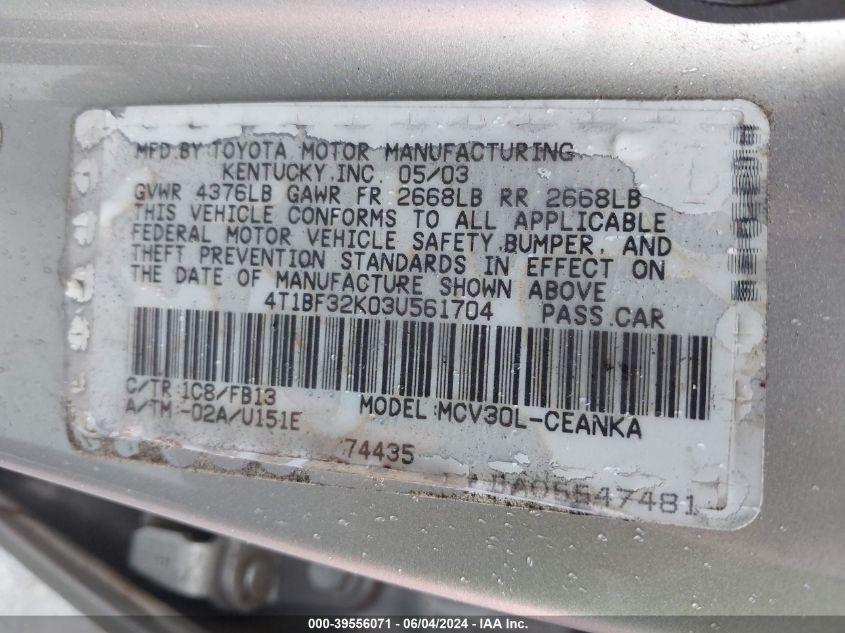 2003 Toyota Camry Le V6 VIN: 4T1BF32K03U561704 Lot: 39556071