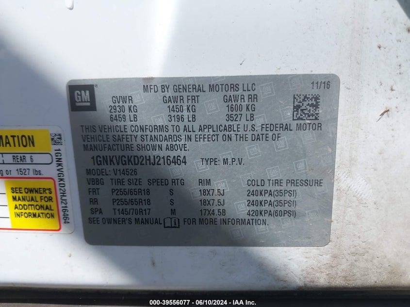VIN 1GNKVGKD2HJ216464 2017 CHEVROLET TRAVERSE 1LT