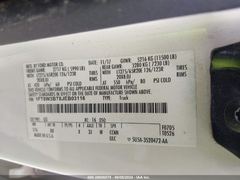 2018 Ford F-350 Platinum VIN: 1FT8W3BT8JEB03116 Lot: 39556078