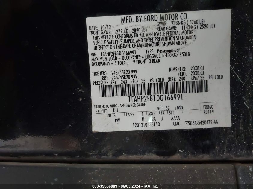 2013 Ford Taurus Limited VIN: 1FAHP2F81DG166991 Lot: 39556089