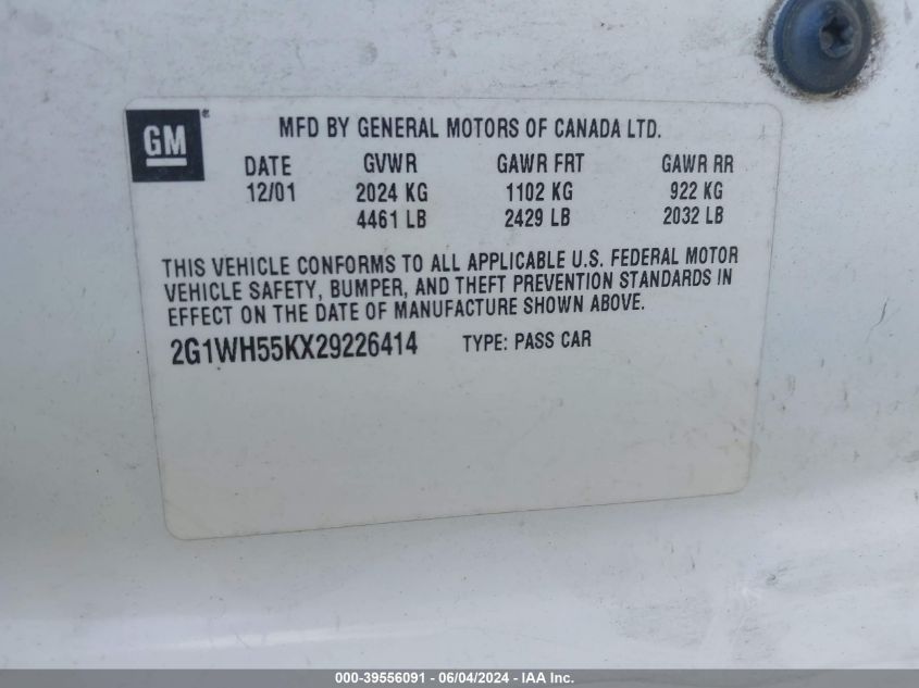 2002 Chevrolet Impala Ls VIN: 2G1WH55KX29226414 Lot: 39556091