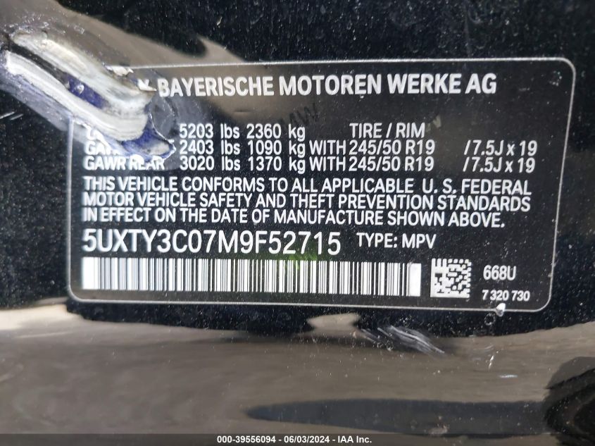 2021 BMW X3 SDRIVE30I - 5UXTY3C07M9F52715