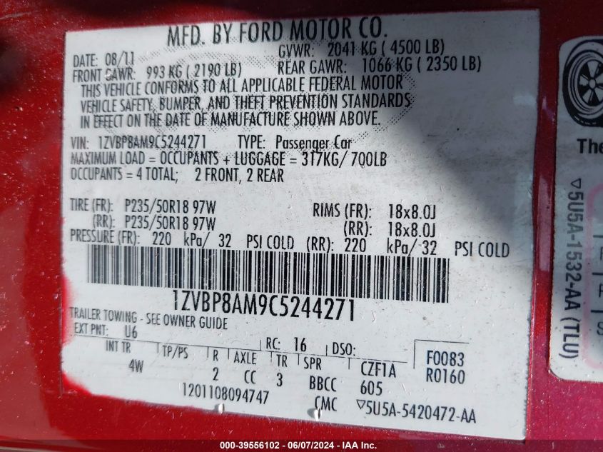 2012 Ford Mustang V6 Premium VIN: 1ZVBP8AM9C5244271 Lot: 39556102