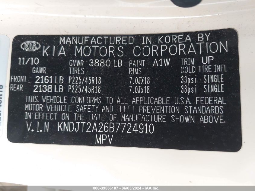 2011 Kia Soul ! VIN: KNDJT2A26B7724910 Lot: 39556107