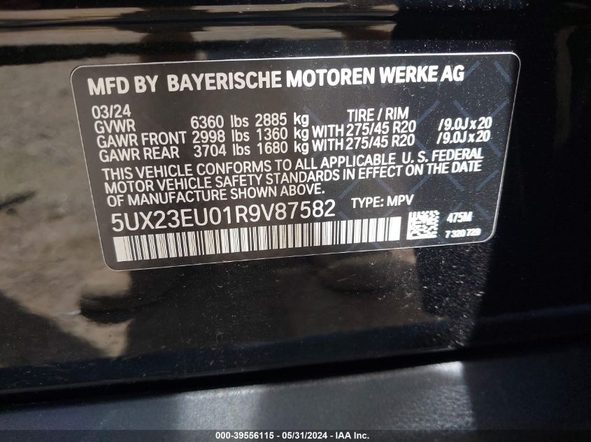 2024 BMW X5 xDrive40I VIN: 5UX23EU01R9V87582 Lot: 39556115