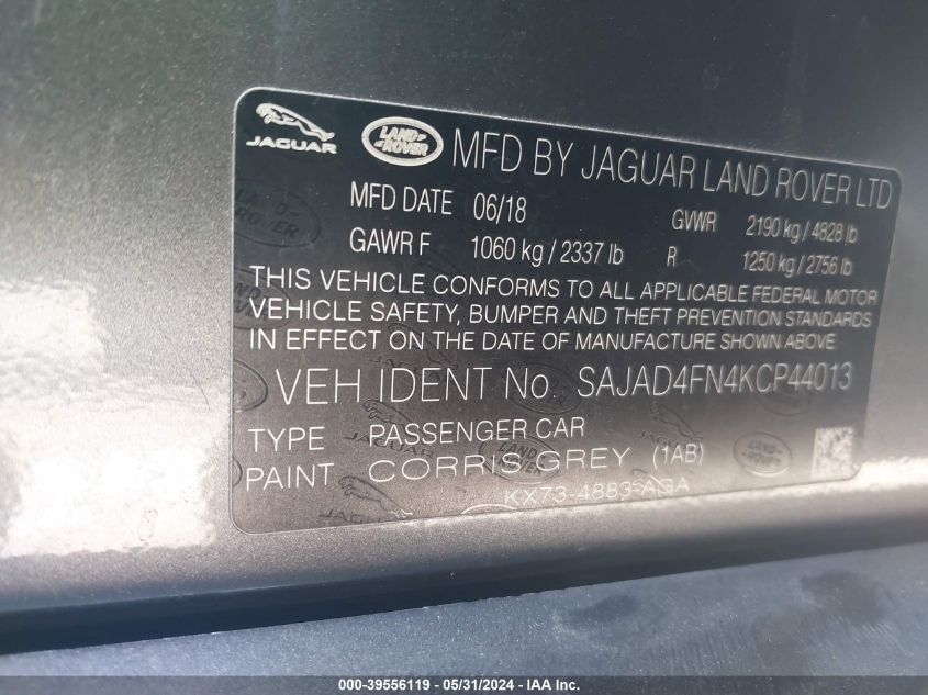 2019 Jaguar Xe 20D Premium VIN: SAJAD4FN4KCP44013 Lot: 39556119