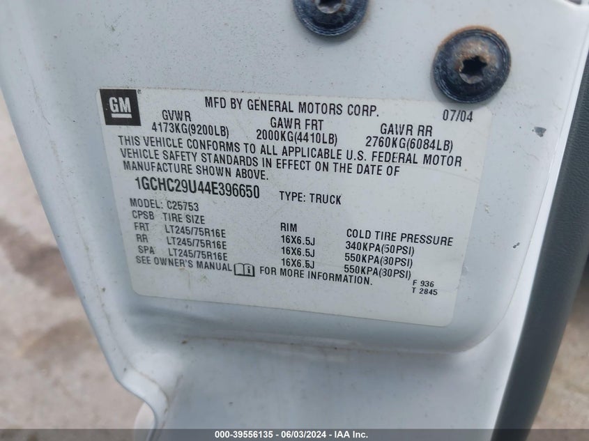 2004 Chevrolet Silverado 2500Hd Ls VIN: 1GCHC29U44E396650 Lot: 39556135