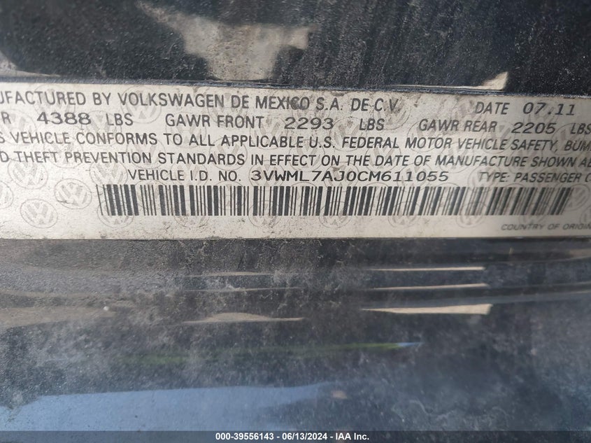 2012 Volkswagen Jetta Sportwagen 2.0L Tdi VIN: 3VWML7AJ0CM611055 Lot: 39556143