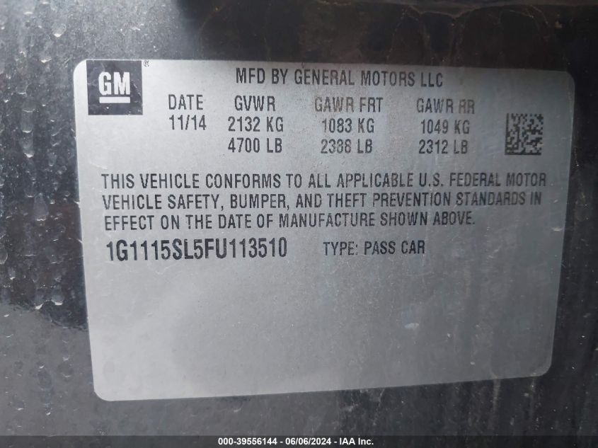 2015 Chevrolet Impala 1Lt VIN: 1G1115SL5FU113510 Lot: 39556144