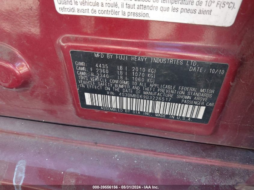 2011 Subaru Legacy 2.5I Premium VIN: 4S3BMBB69B3226517 Lot: 39556156