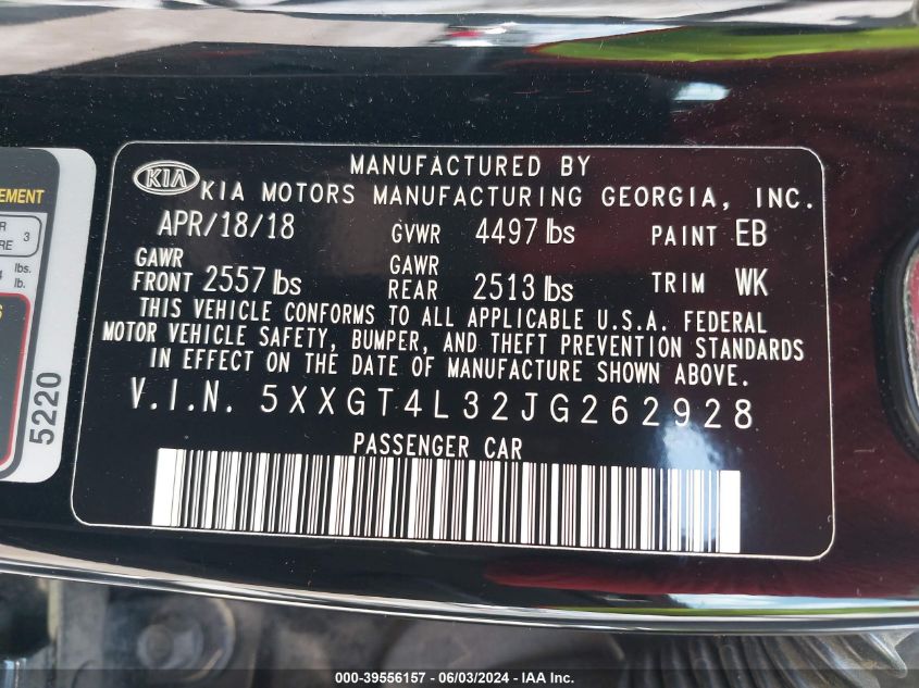 2018 Kia Optima Lx VIN: 5XXGT4L32JG262928 Lot: 39556157