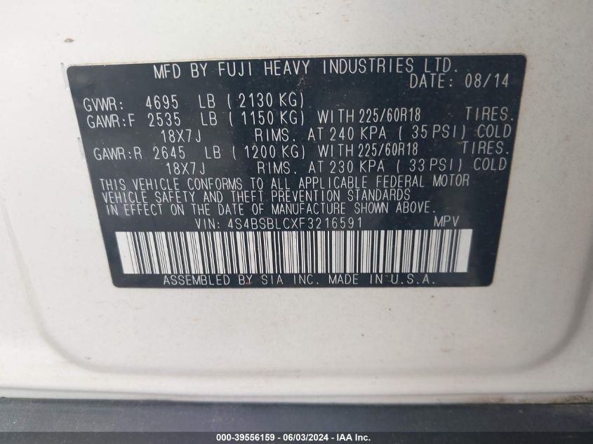 2015 Subaru Outback 2.5I Limited VIN: 4S4BSBLCXF3216591 Lot: 39556159