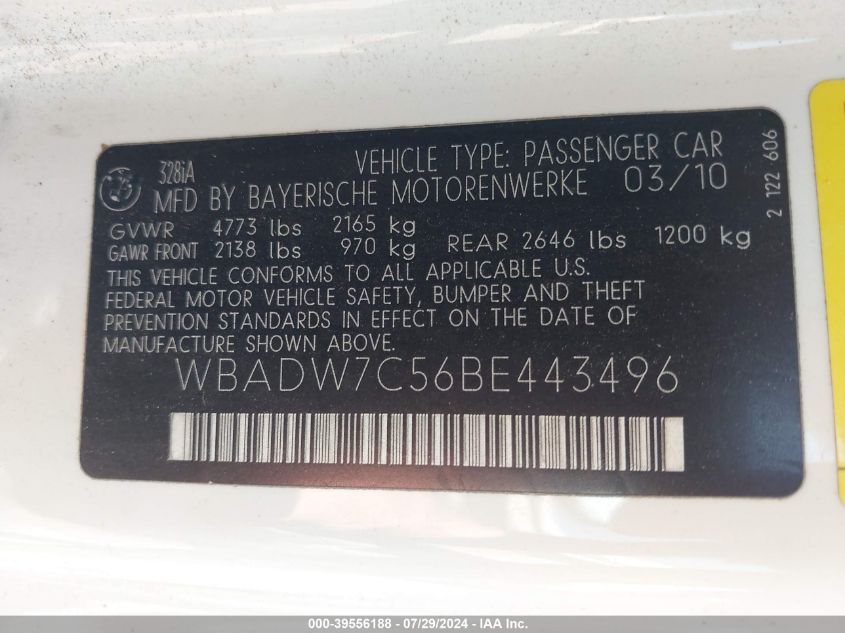 2011 BMW 328I VIN: WBADW7C56BE443496 Lot: 39556188