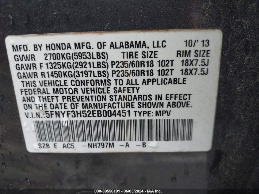 2014 Honda Pilot Ex-L VIN: 5FNYF3H52EB004451 Lot: 39556191