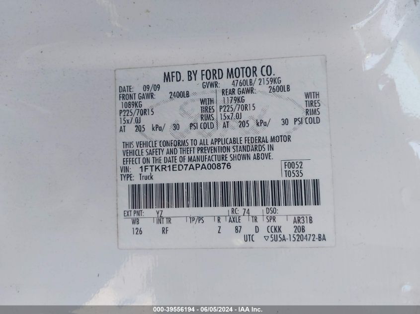 2010 Ford Ranger Xl/Xlt VIN: 1FTKR1ED7APA00876 Lot: 39556194