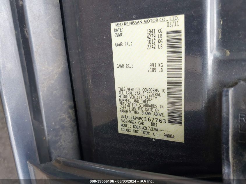 2011 Nissan Altima 2.5 VIN: 1N4AL2AP4BC167763 Lot: 39556196
