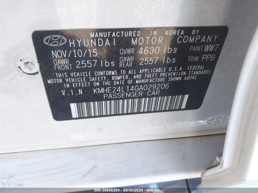 2016 Hyundai Sonata Hybrid Se VIN: KMHE24L14GA029206 Lot: 39556204