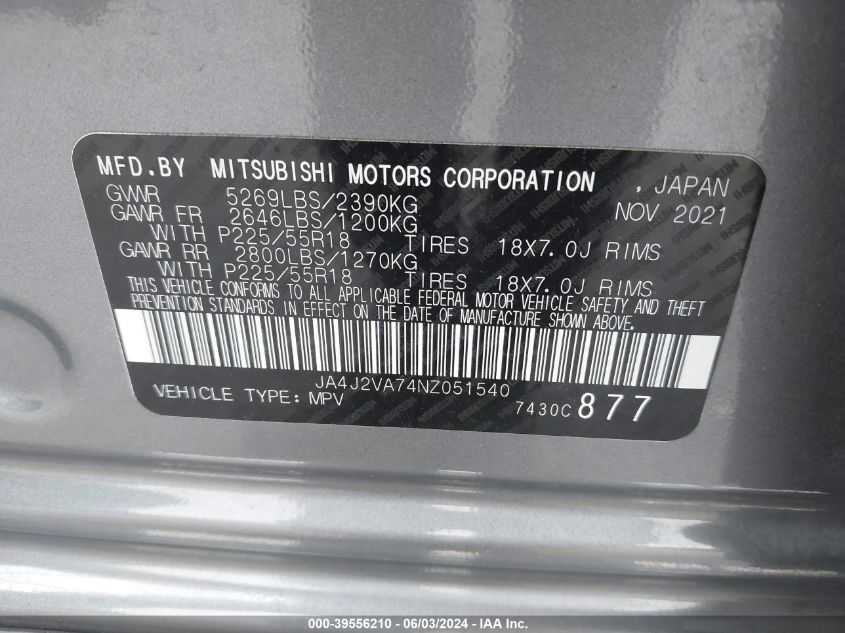 2022 Mitsubishi Outlander Sel/Le/Gt VIN: JA4J2VA74NZ051540 Lot: 39556210