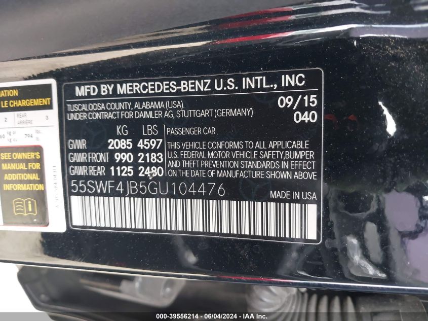 2016 Mercedes-Benz C 300 Luxury/Sport VIN: 55SWF4JB5GU104476 Lot: 39556214