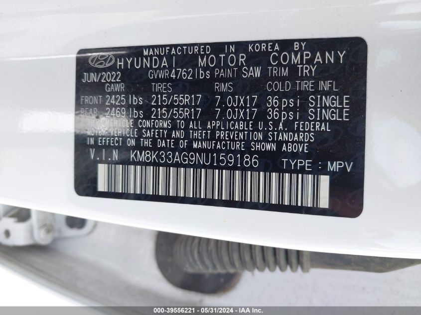 2022 Hyundai Kona Electric Sel VIN: KM8K33AG9NU159186 Lot: 39556221