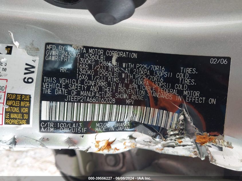 2006 Toyota Highlander V6 VIN: JTEEP21A660162028 Lot: 39556227