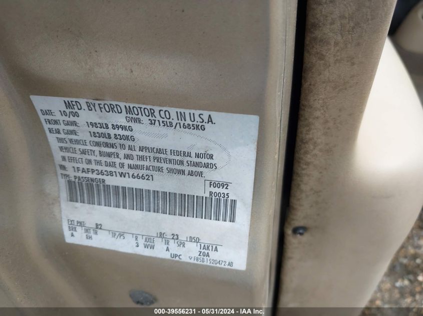 2001 Ford Focus Se VIN: 1FAFP36381W166621 Lot: 39556231