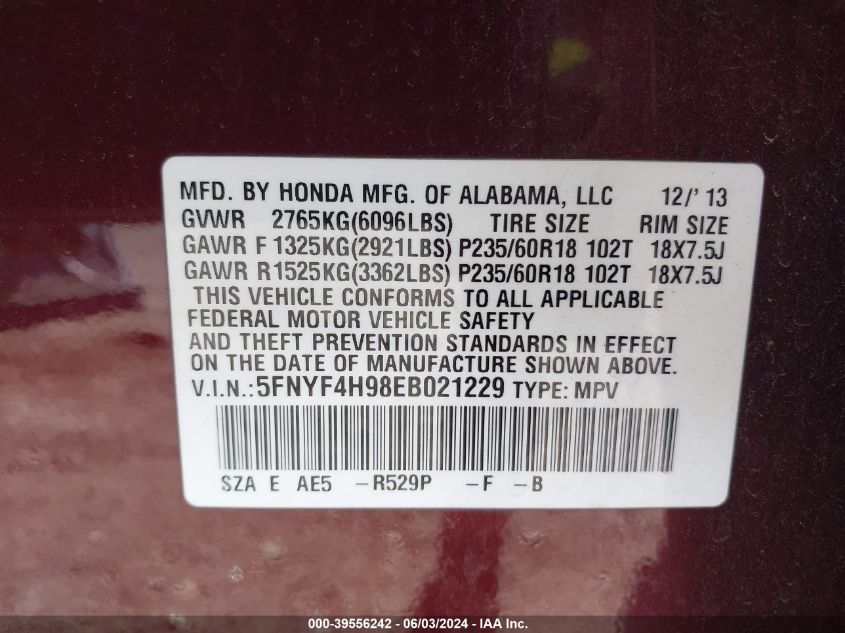 2014 Honda Pilot Touring VIN: 5FNYF4H98EB021229 Lot: 39556242
