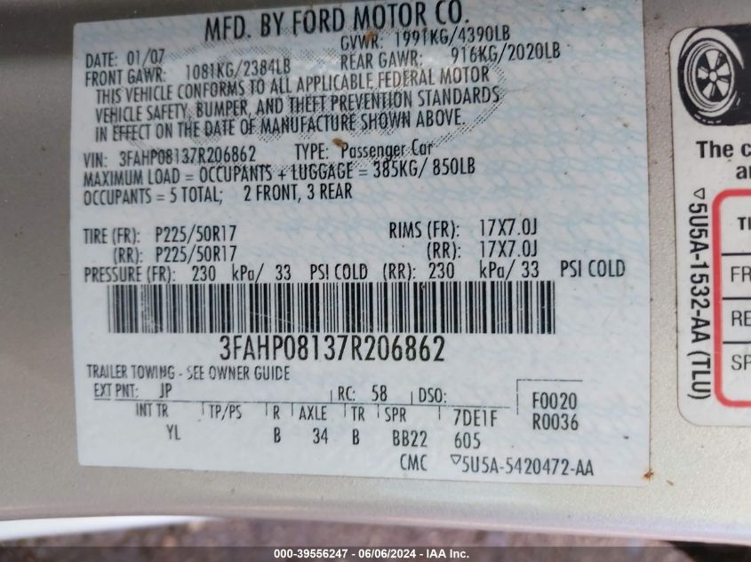2007 Ford Fusion Sel VIN: 3FAHP08137R206862 Lot: 39556247