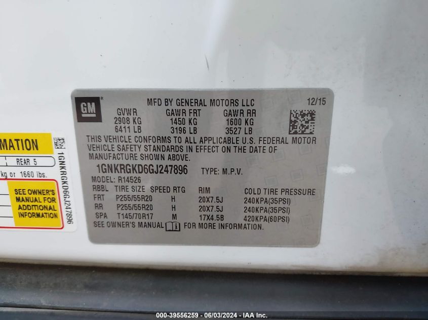 2016 Chevrolet Traverse 1Lt VIN: 1GNKRGKD6GJ247896 Lot: 39556259