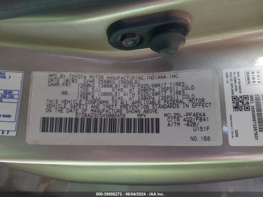2004 Toyota Sienna Le VIN: 5TDBA23C54S008458 Lot: 39556272