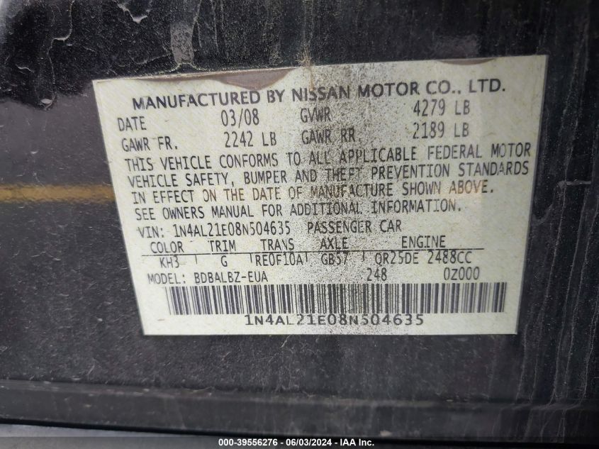 2008 Nissan Altima 2.5/2.5S VIN: 1N4AL21E08N504635 Lot: 39556276