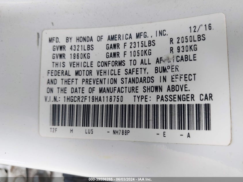 2017 HONDA ACCORD SPORT SE - 1HGCR2F19HA118750