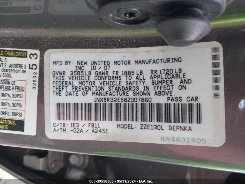 2008 Toyota Corolla Le VIN: 1NXBR32E58Z007860 Lot: 39556303