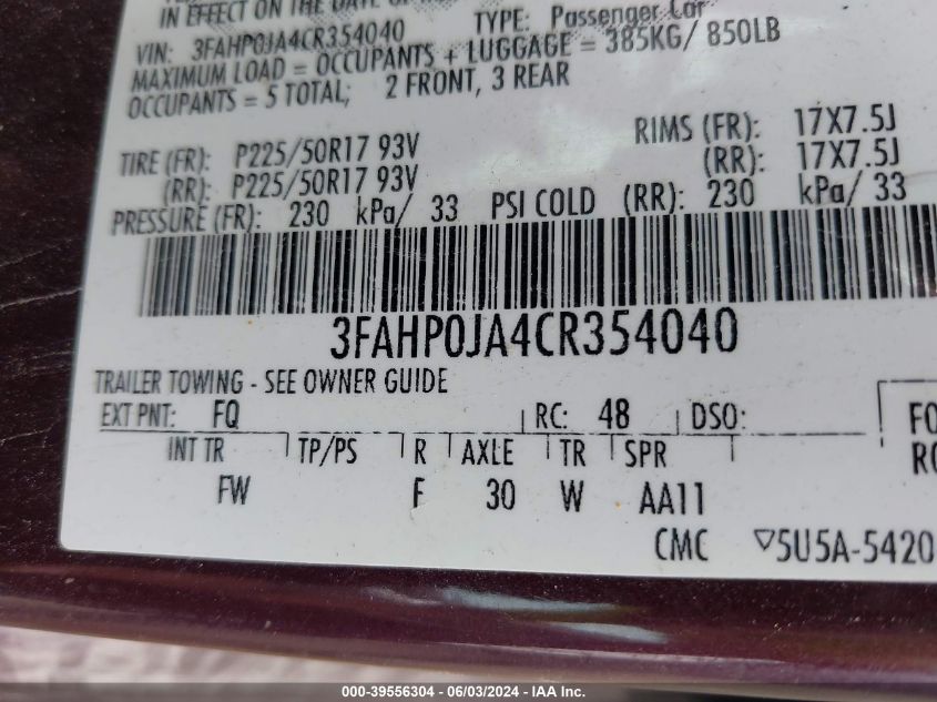 2012 Ford Fusion Sel VIN: 3FAHP0JA4CR354040 Lot: 39556304