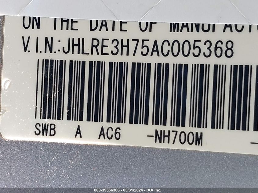 2010 Honda Cr-V Ex-L VIN: JHLRE3H75AC005368 Lot: 39556306