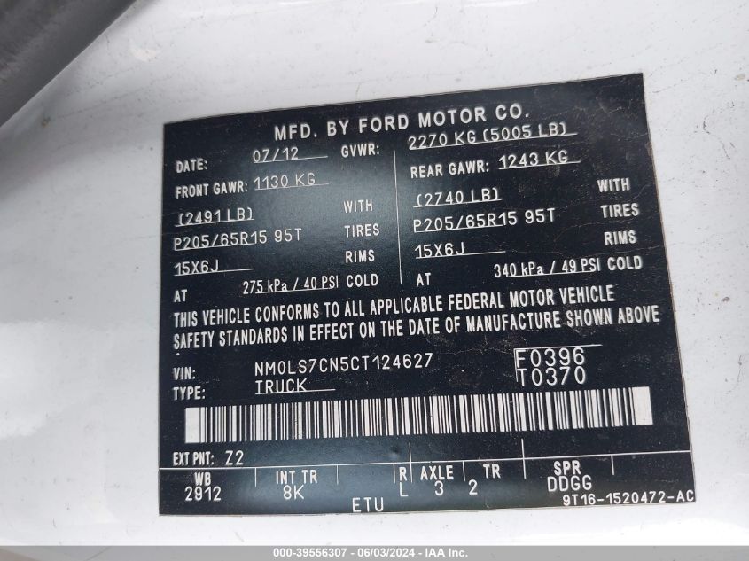 2012 Ford Transit Connect Xl VIN: NM0LS7CN5CT124627 Lot: 39556307