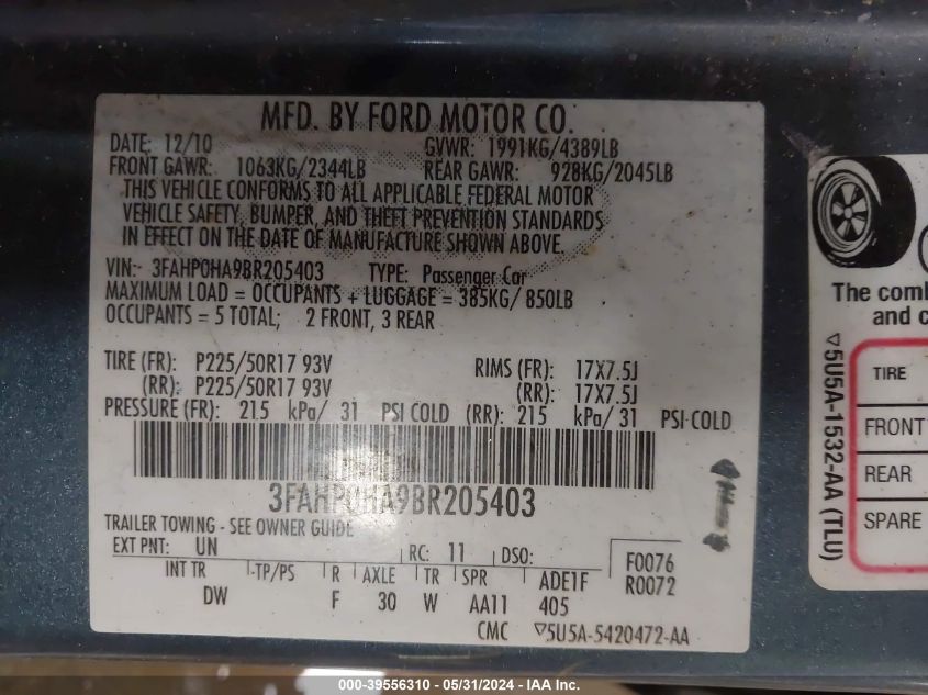 2011 Ford Fusion Se VIN: 3FAHP0HA9BR205403 Lot: 39556310