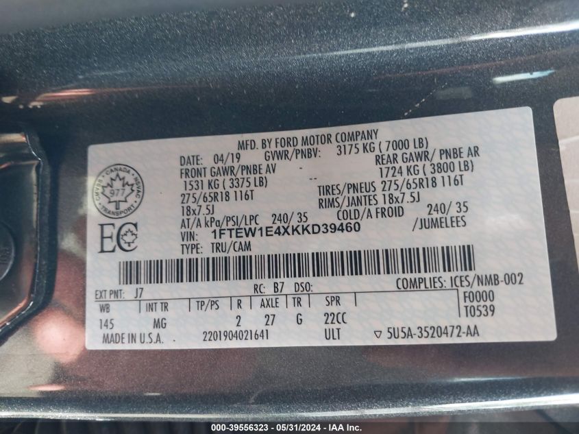 2019 Ford F-150 Xlt VIN: 1FTEW1E4XKKD39460 Lot: 39556323