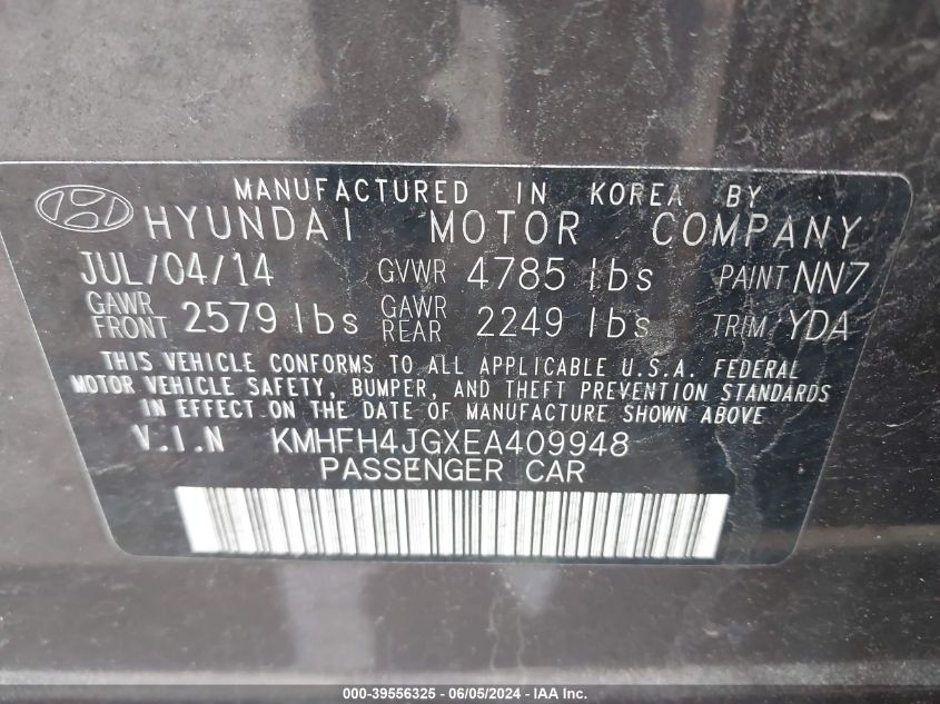 2014 Hyundai Azera Limited VIN: KMHFH4JGXEA409948 Lot: 39556325