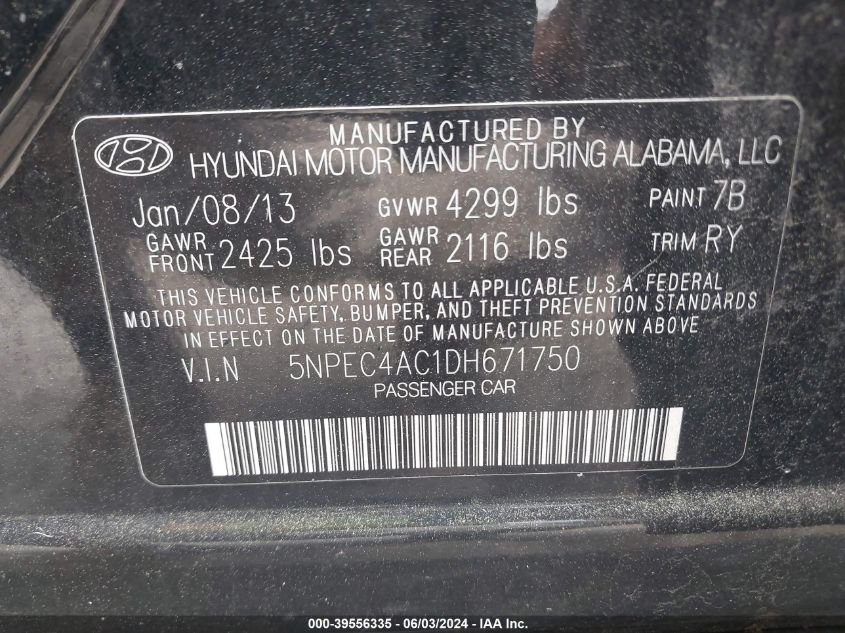 2013 HYUNDAI SONATA LIMITED - 5NPEC4AC1DH671750