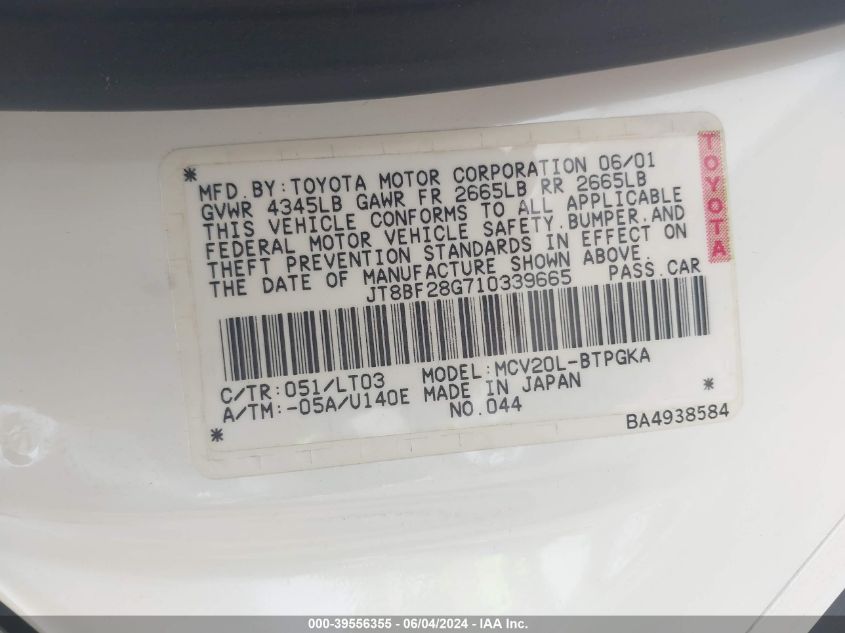 2001 Lexus Es 300 VIN: JT8BF28G710339665 Lot: 39556355