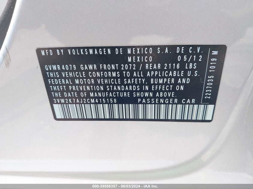 2012 Volkswagen Jetta 2.0L S VIN: 3VW2K7AJ2CM415158 Lot: 39556357