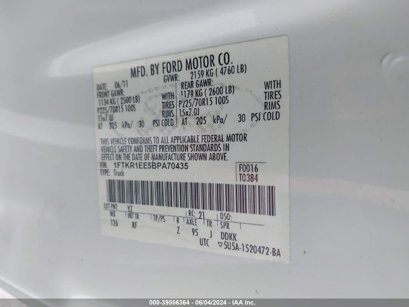 2011 Ford Ranger Xlt VIN: 1FTKR1EE5BPA70435 Lot: 39556364