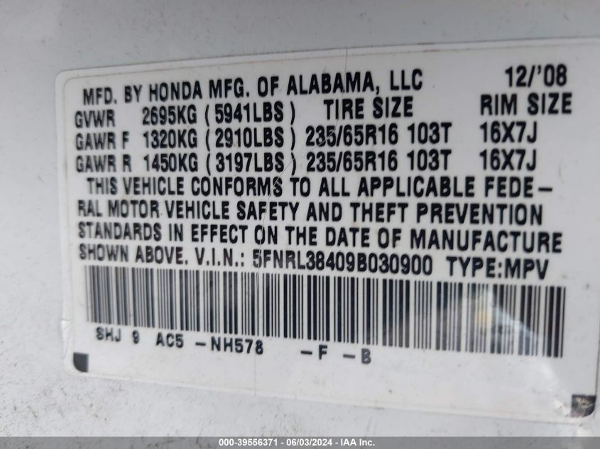 2009 Honda Odyssey Ex VIN: 5FNRL38409B030900 Lot: 39556371