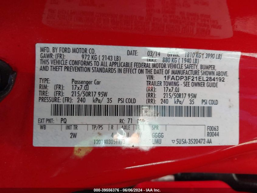 2014 Ford Focus Se VIN: 1FADP3F21EL284192 Lot: 39556376